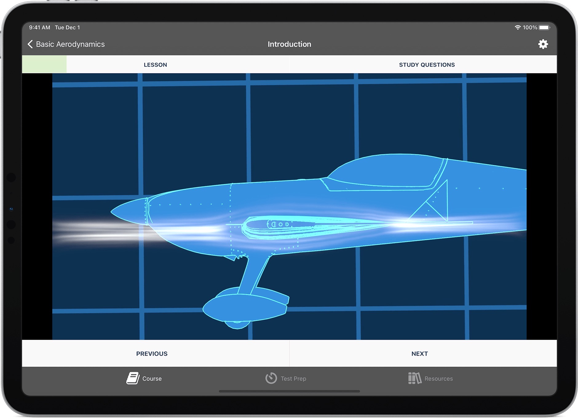 Ground School app lesson screen showing CG animation of airflow over an airplane wing