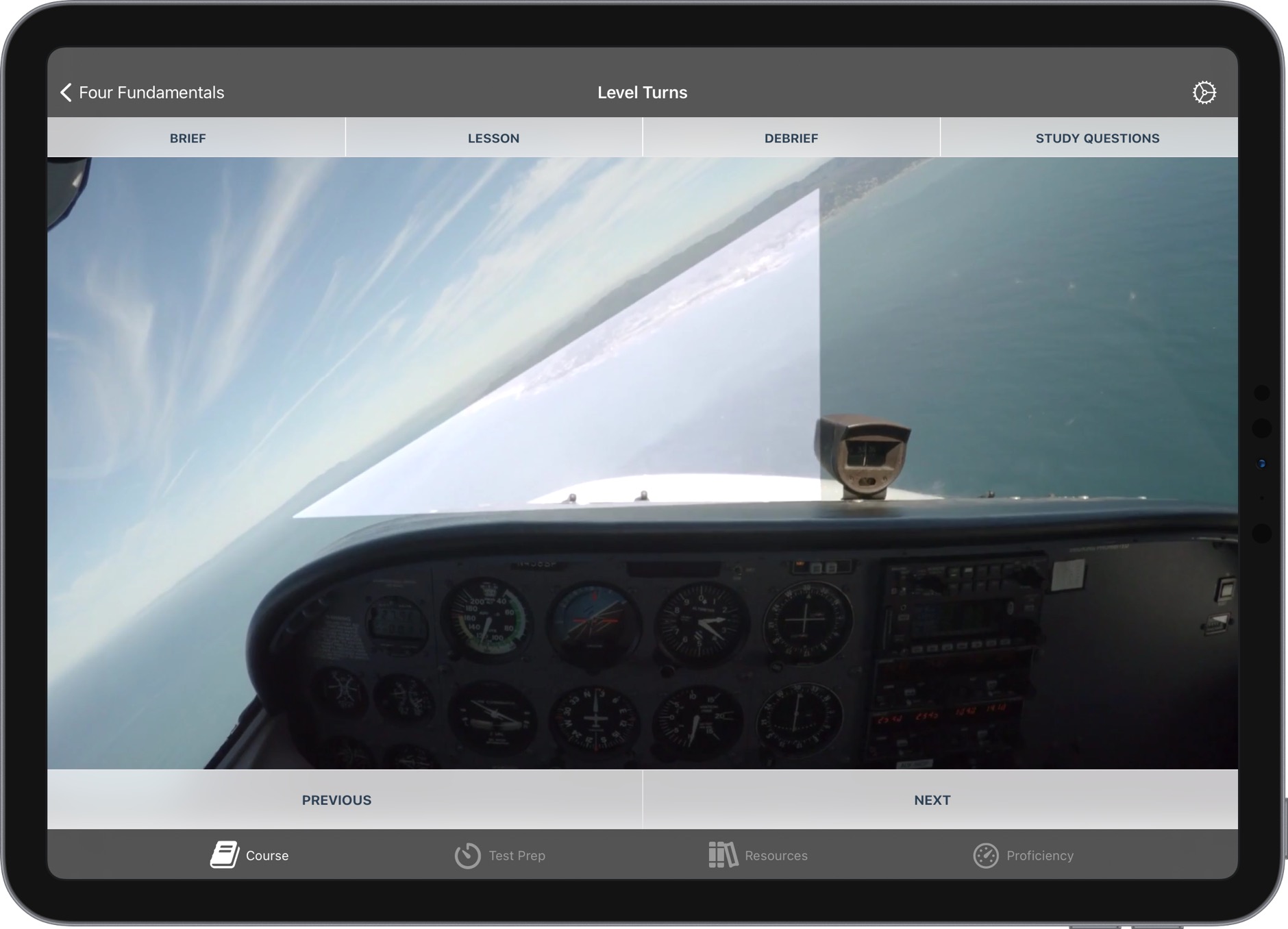 Ground School app lesson video showing in-cockpit pilot’s eye view over instrument panel